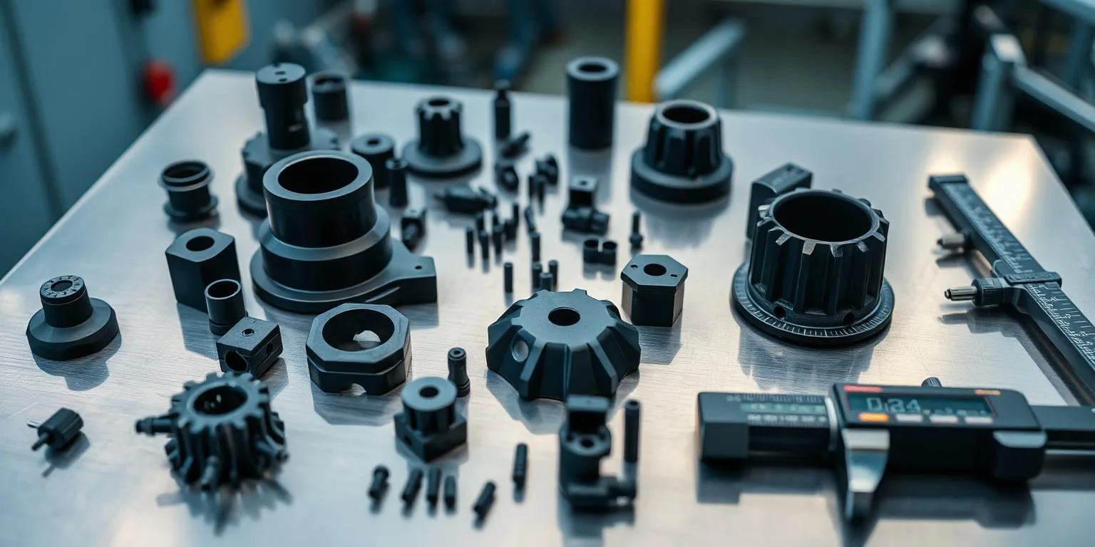 Precision aerospace injection-molded engineering thermoplastic components arranged with digital calipers on an inspection table