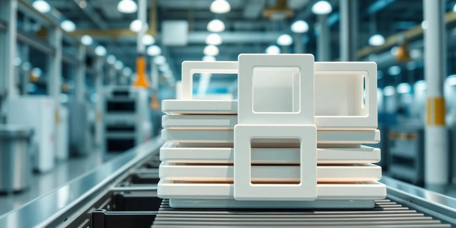 Glossy white injection-molded appliance housing panels stacked on a factory production conveyor