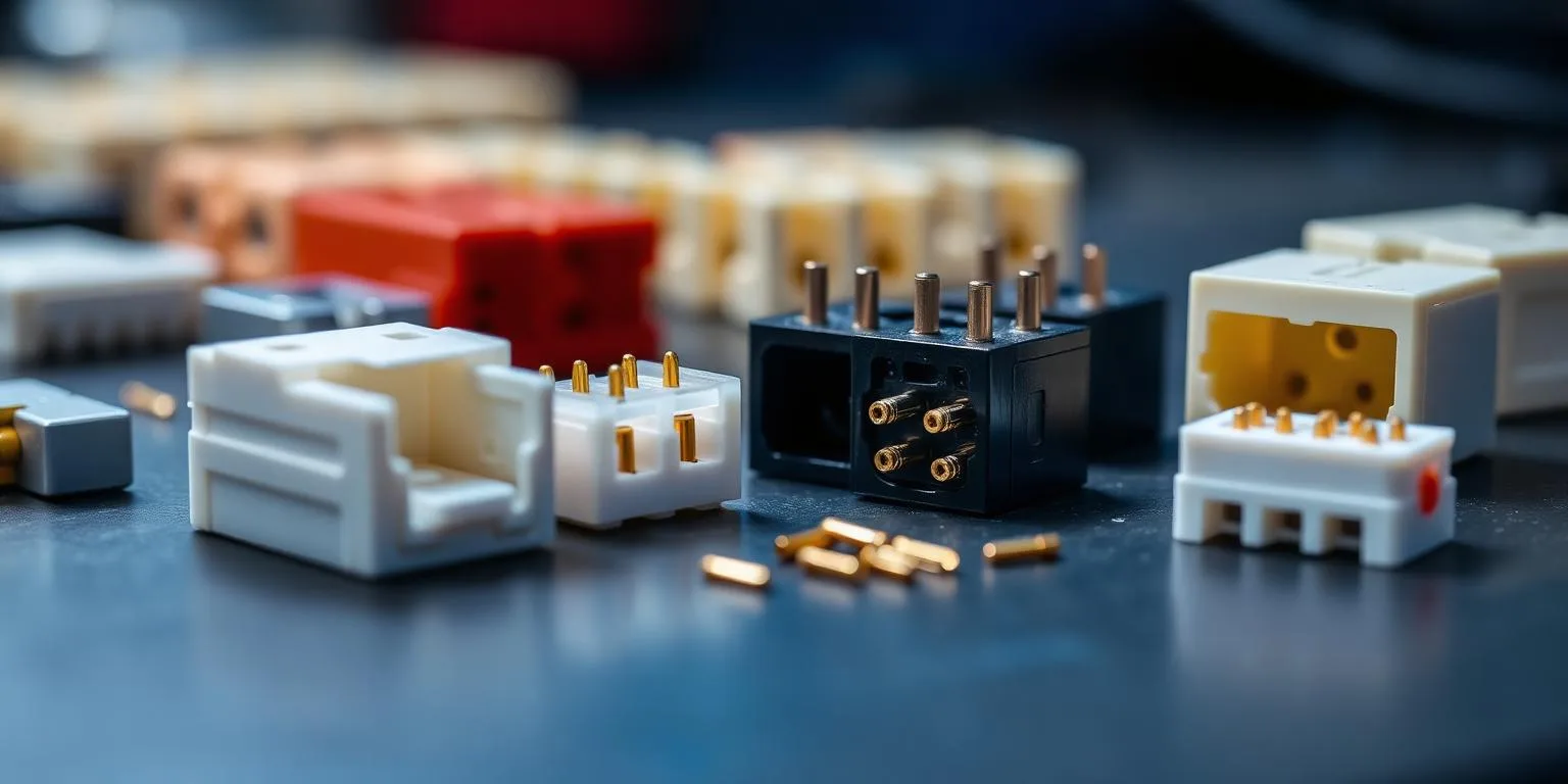 Tight-tolerance injection-molded electronic connector housings with brass insert pins on a dark workbench