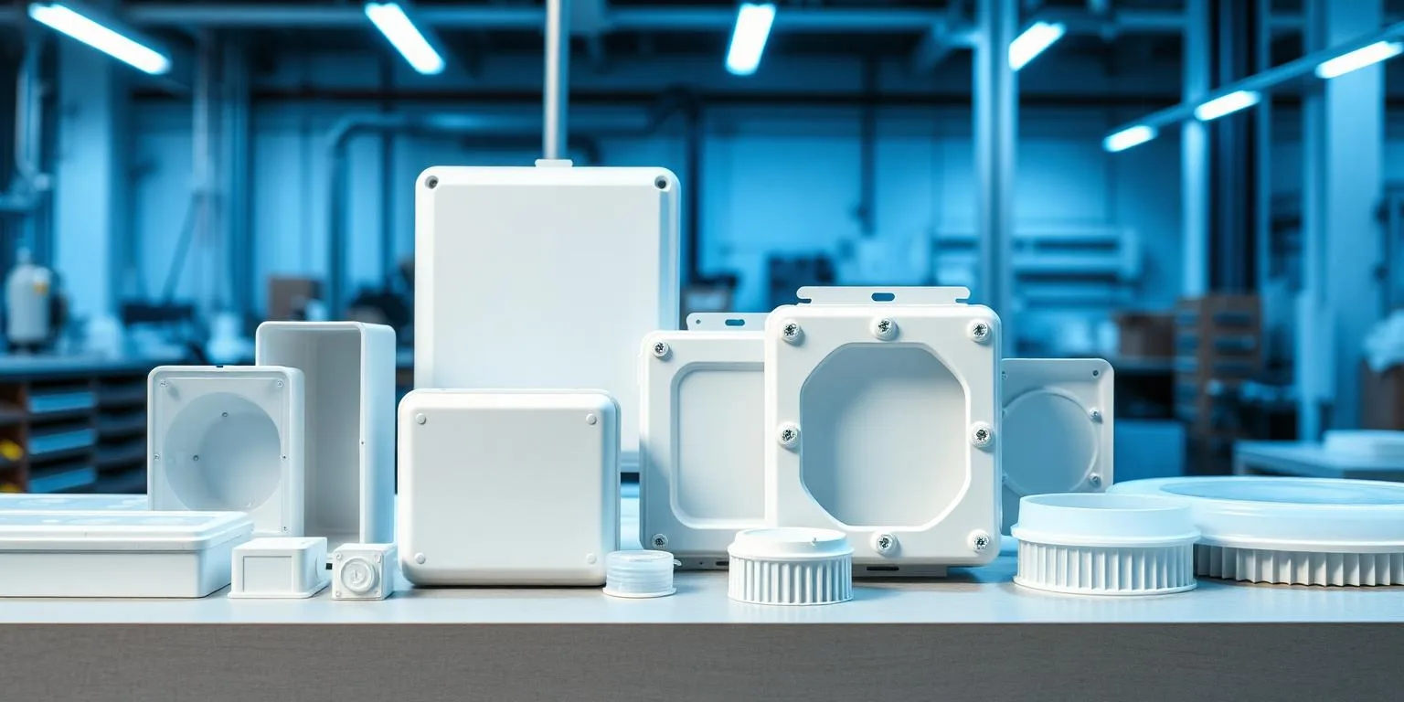 White injection-molded electrical junction box enclosures and lighting diffuser components on a workbench