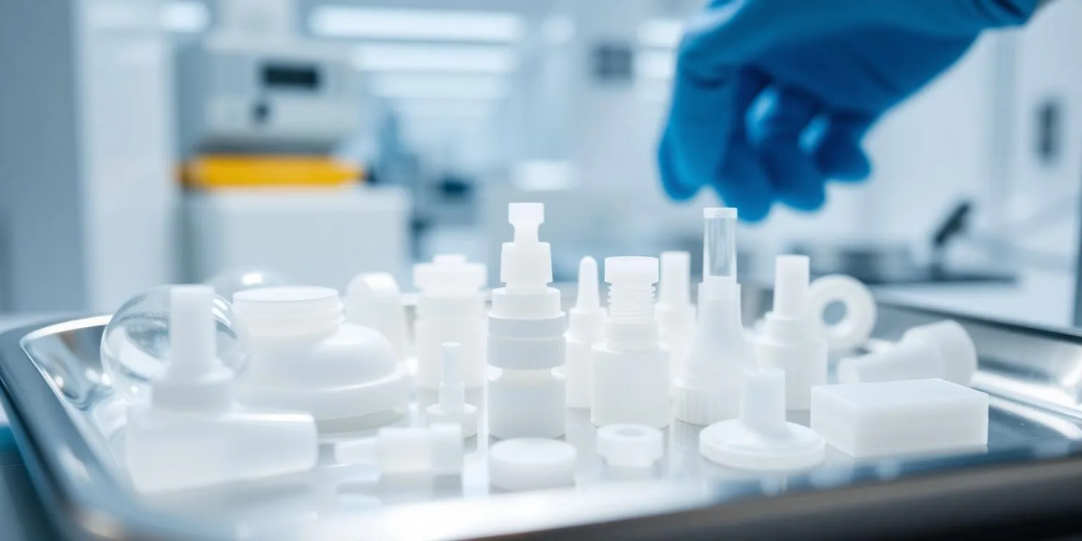 ISO 13485 medical injection molding LSR and thermoplastic components on a stainless steel cleanroom tray
