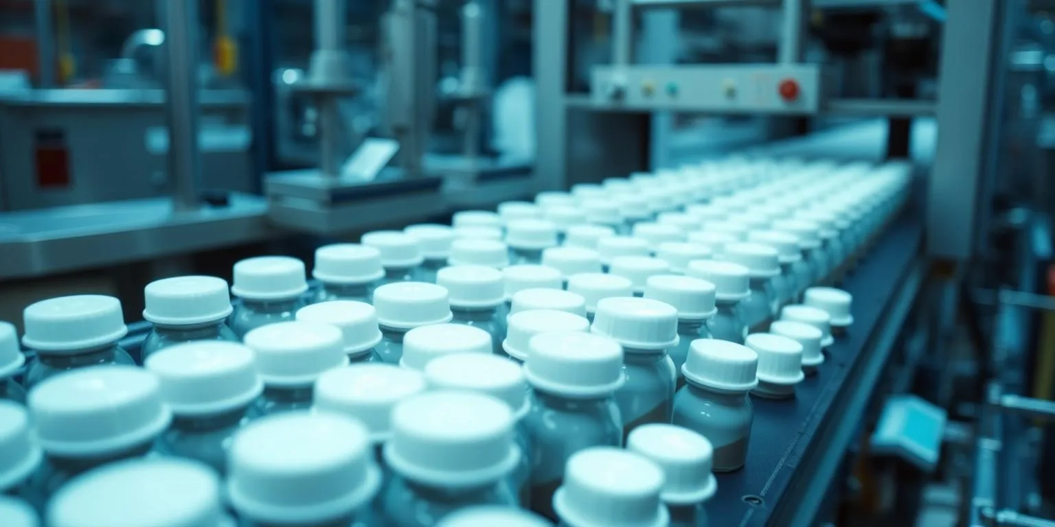 High-speed packaging line producing injection-molded plastic bottle caps and closures on a conveyor